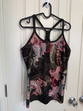 Athleta Olive/ Brown  Paisley Tank with Knotted Strappy Back